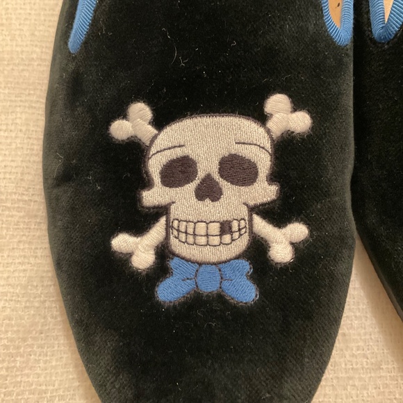 Stubbs & Wootton Skull Blue Bow Tie Black Velvet Loafer Slipper Mens Shoes Sz 13 - Picture 11 of 12